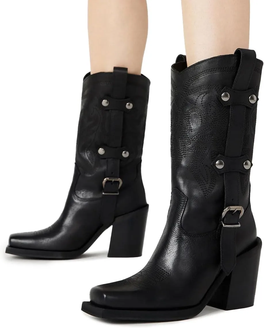 Tang'scuisins Women Stylish Closed Square Toe Slip on Mid Calf Riding Boots Buckle Mid Chunky Block Heels Winter Waterproof Shoes Size 4-16 US