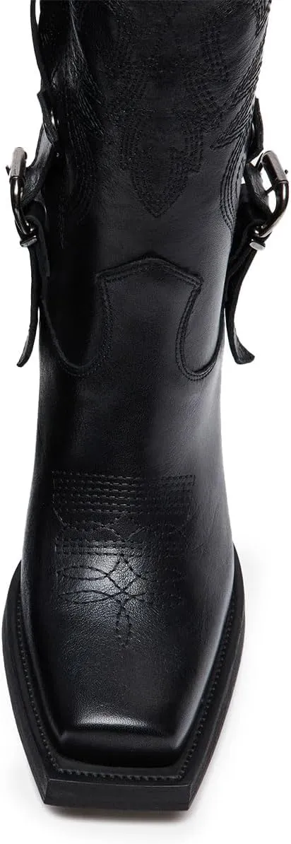 Tang'scuisins Women Stylish Closed Square Toe Slip on Mid Calf Riding Boots Buckle Mid Chunky Block Heels Winter Waterproof Shoes Size 4-16 US