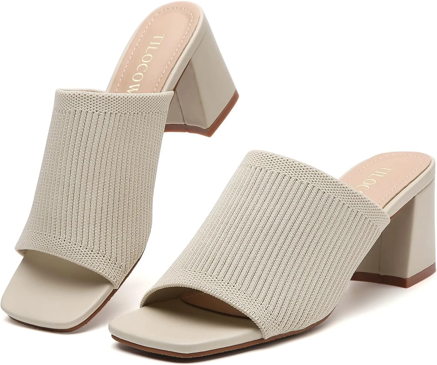 Tilocow Knit Heeled Sandals for Women Square Chunky Low Block Heel Mules Open Toe Slip On Breathable Slides Sandal Black