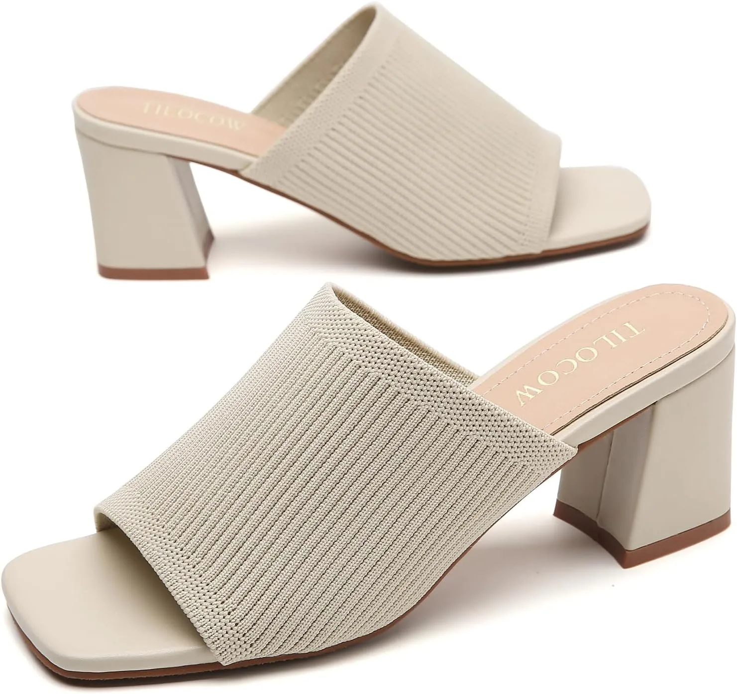 Tilocow Knit Heeled Sandals for Women Square Chunky Low Block Heel Mules Open Toe Slip On Breathable Slides Sandal Black