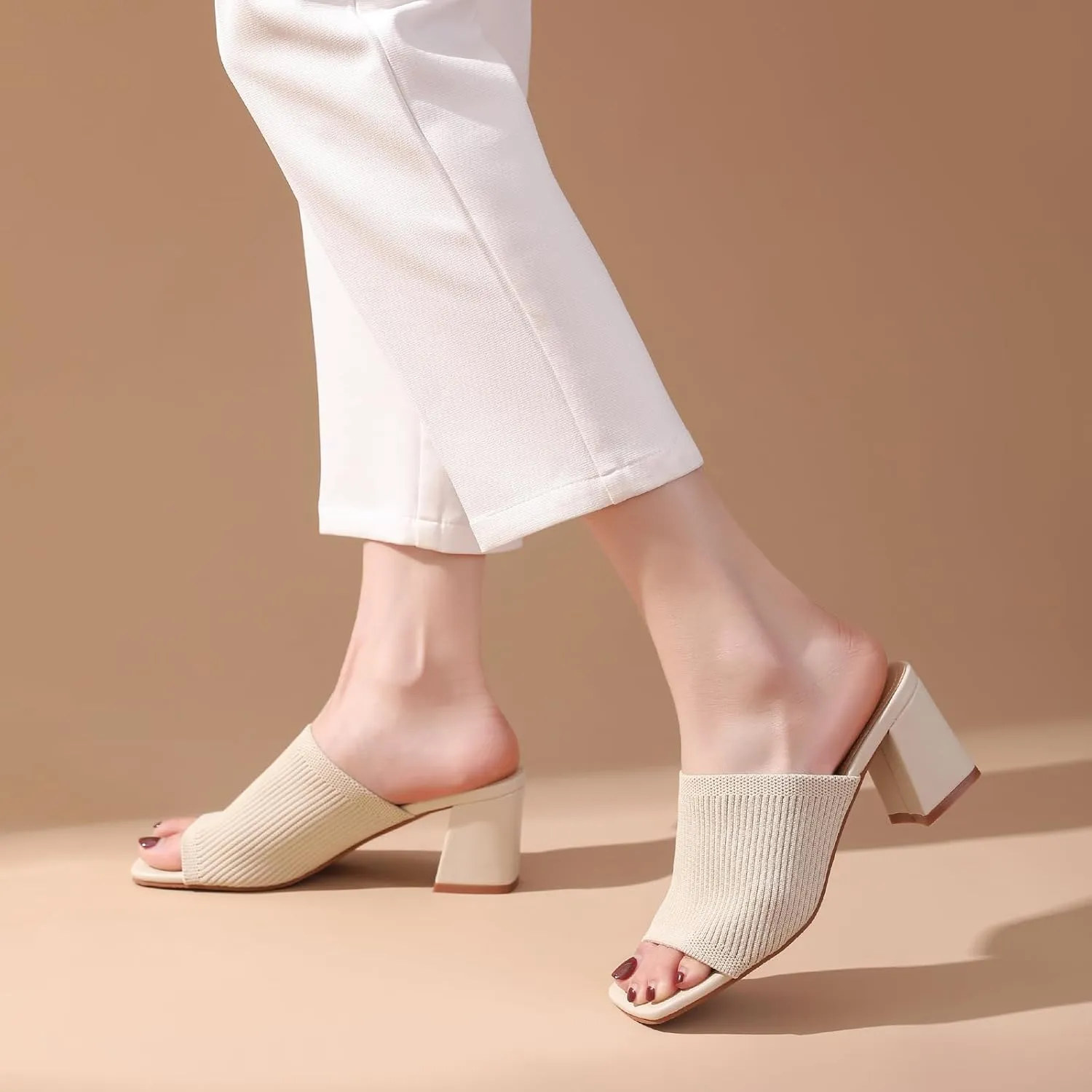 Tilocow Knit Heeled Sandals for Women Square Chunky Low Block Heel Mules Open Toe Slip On Breathable Slides Sandal Black