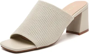 Tilocow Knit Heeled Sandals for Women Square Chunky Low Block Heel Mules Open Toe Slip On Breathable Slides Sandal Black