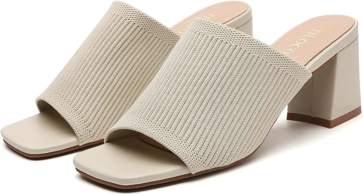 Tilocow Knit Heeled Sandals for Women Square Chunky Low Block Heel Mules Open Toe Slip On Breathable Slides Sandal Black