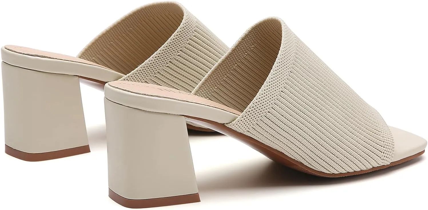Tilocow Knit Heeled Sandals for Women Square Chunky Low Block Heel Mules Open Toe Slip On Breathable Slides Sandal Black