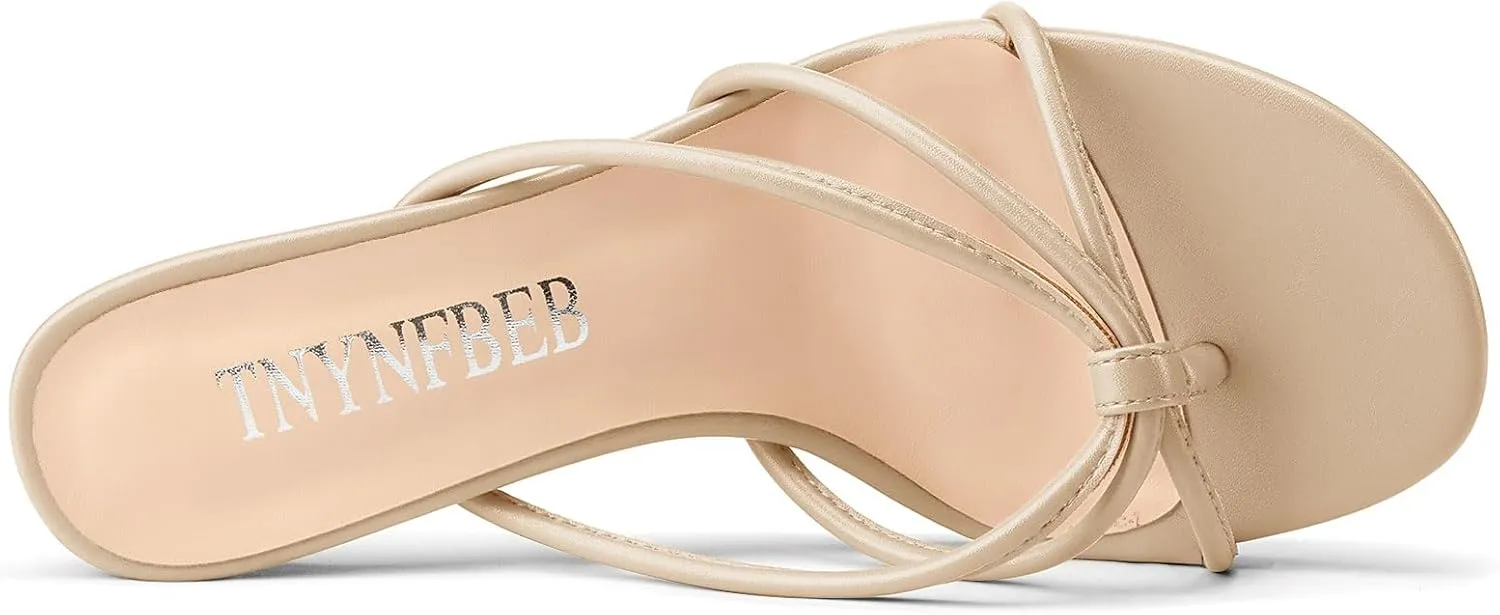 TNYNFBEB Women's Round Toe Flip Flop Strappy Mule Heels Slip-on Kitten Heel Thong Sandals Summer Dress Shoes 2.6 Inches