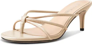 TNYNFBEB Women's Round Toe Flip Flop Strappy Mule Heels Slip-on Kitten Heel Thong Sandals Summer Dress Shoes 2.6 Inches