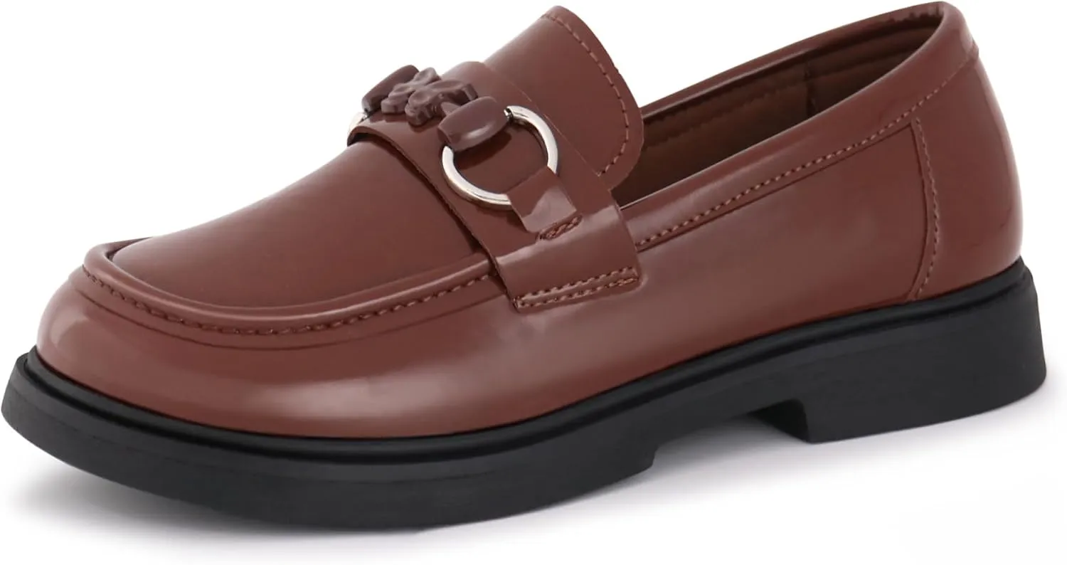 Tobfis Girls Slip-On Round Toe Oxford Butterfly Metal Chain Patent Leather Penny Loafers Flats Church School Uniform Kids Moccasins Dress Shoes (Toddler/Little Kid/Big Kid)