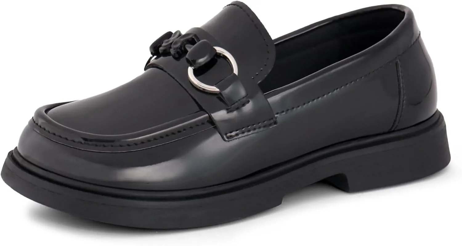 Tobfis Girls Slip-On Round Toe Oxford Butterfly Metal Chain Patent Leather Penny Loafers Flats Church School Uniform Kids Moccasins Dress Shoes (Toddler/Little Kid/Big Kid)