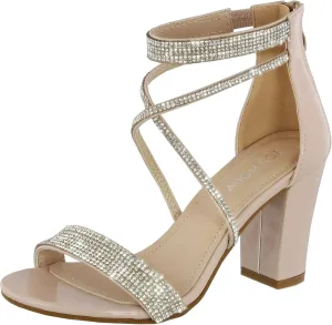 TOP Moda Women's Formal Rhinestone Chunky Block Heel Sandal Crisscross Strappy, Nude, 5.5