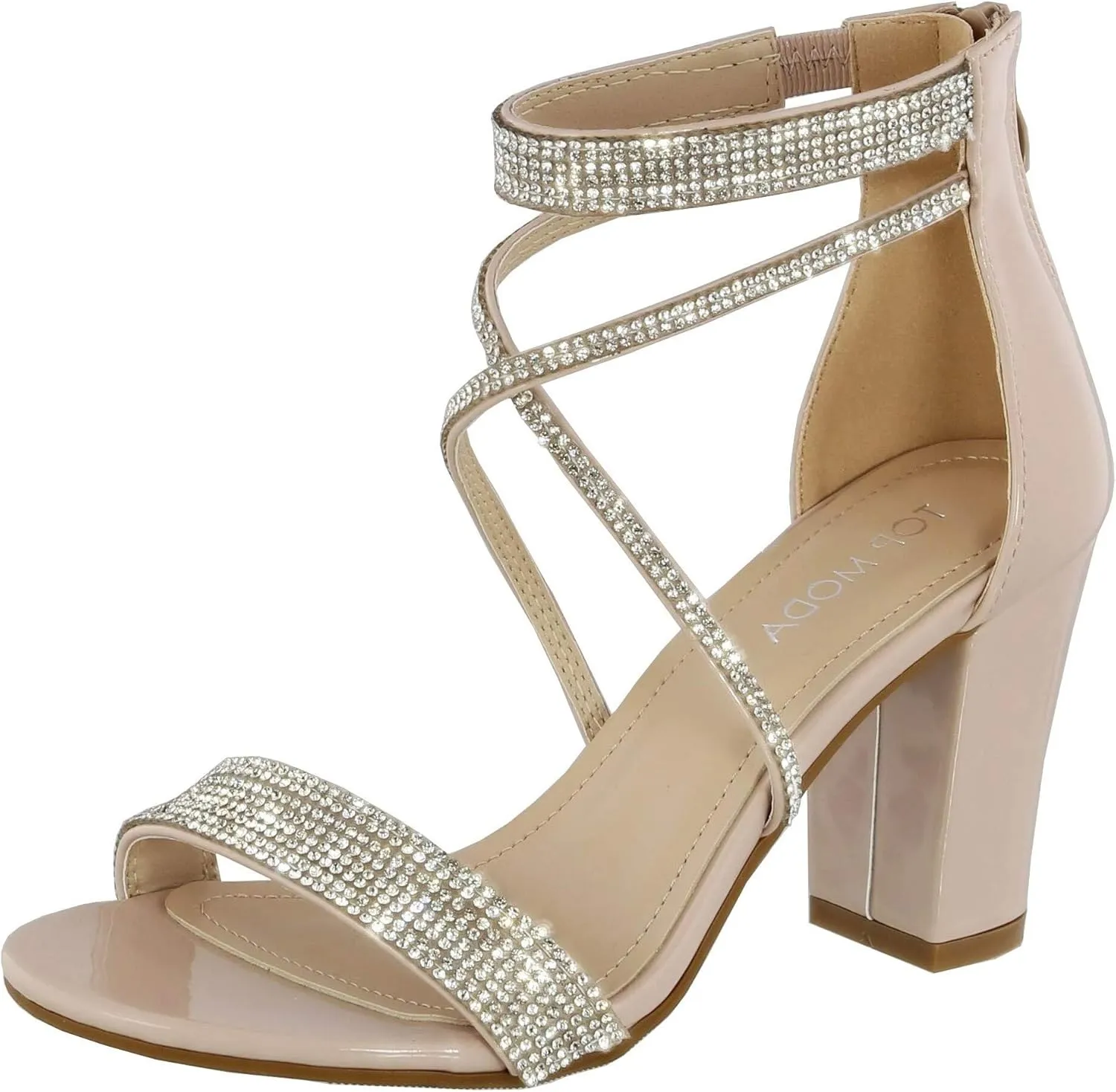 TOP Moda Women's Formal Rhinestone Chunky Block Heel Sandal Crisscross Strappy, Nude, 5.5