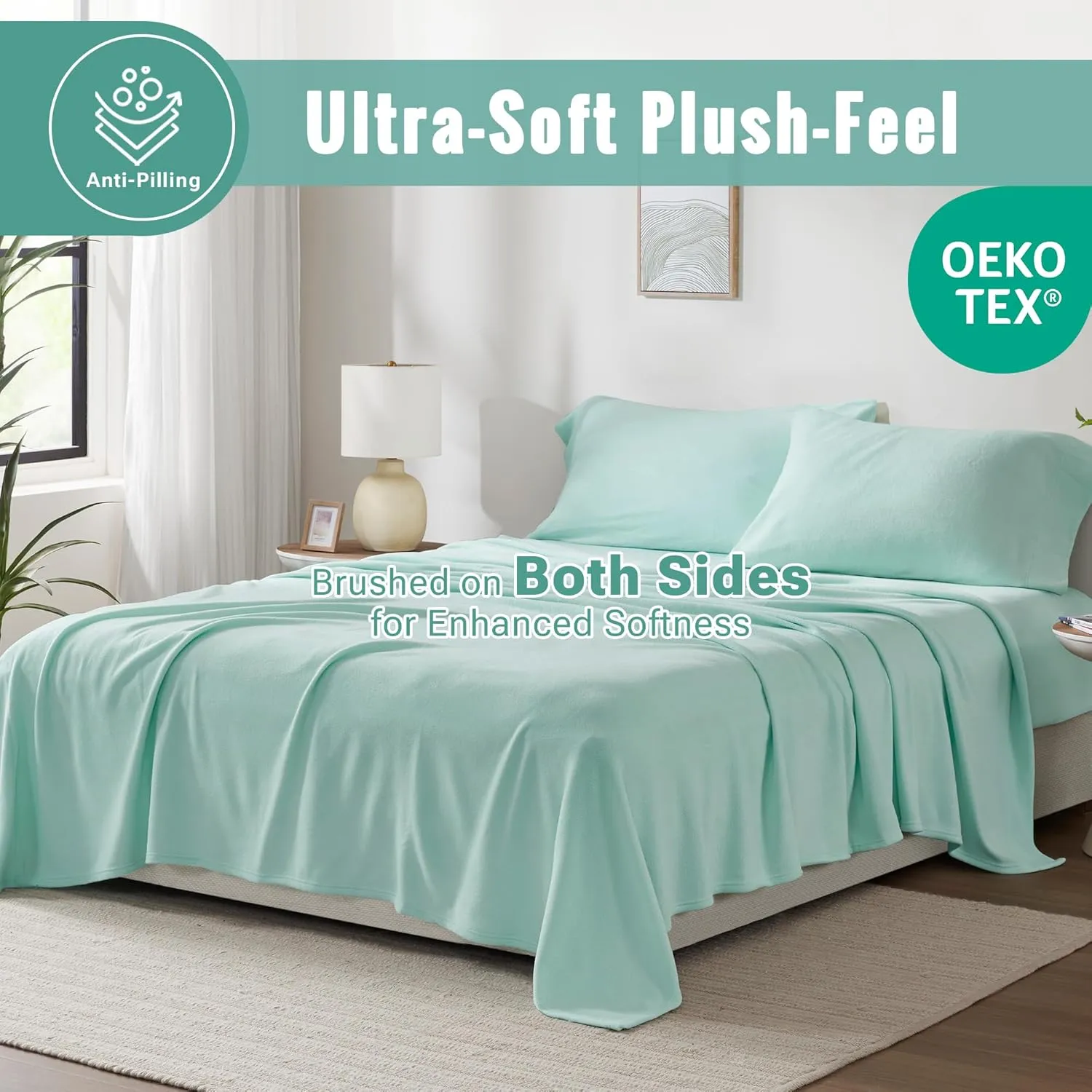 True North by Sleep Philosophy Fleece Sheet Set Queen, Solid Color, Warm & Plush Sheets Soft Fleece Bedding Set, Queen Size Sheets, Fitted Pocket Fits Up to 16" Mattress, Queen Aqua 4 Piece
