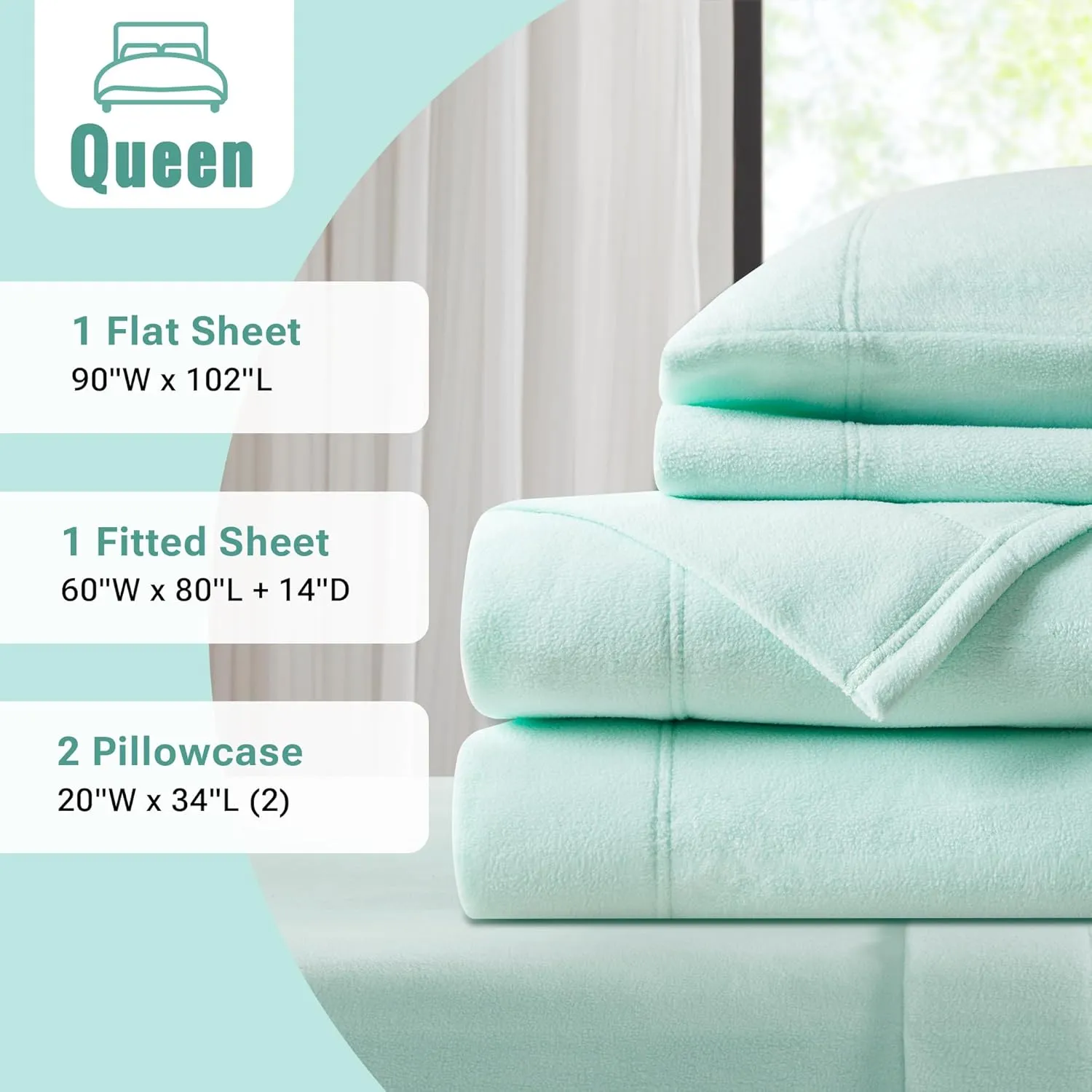 True North by Sleep Philosophy Fleece Sheet Set Queen, Solid Color, Warm & Plush Sheets Soft Fleece Bedding Set, Queen Size Sheets, Fitted Pocket Fits Up to 16" Mattress, Queen Aqua 4 Piece