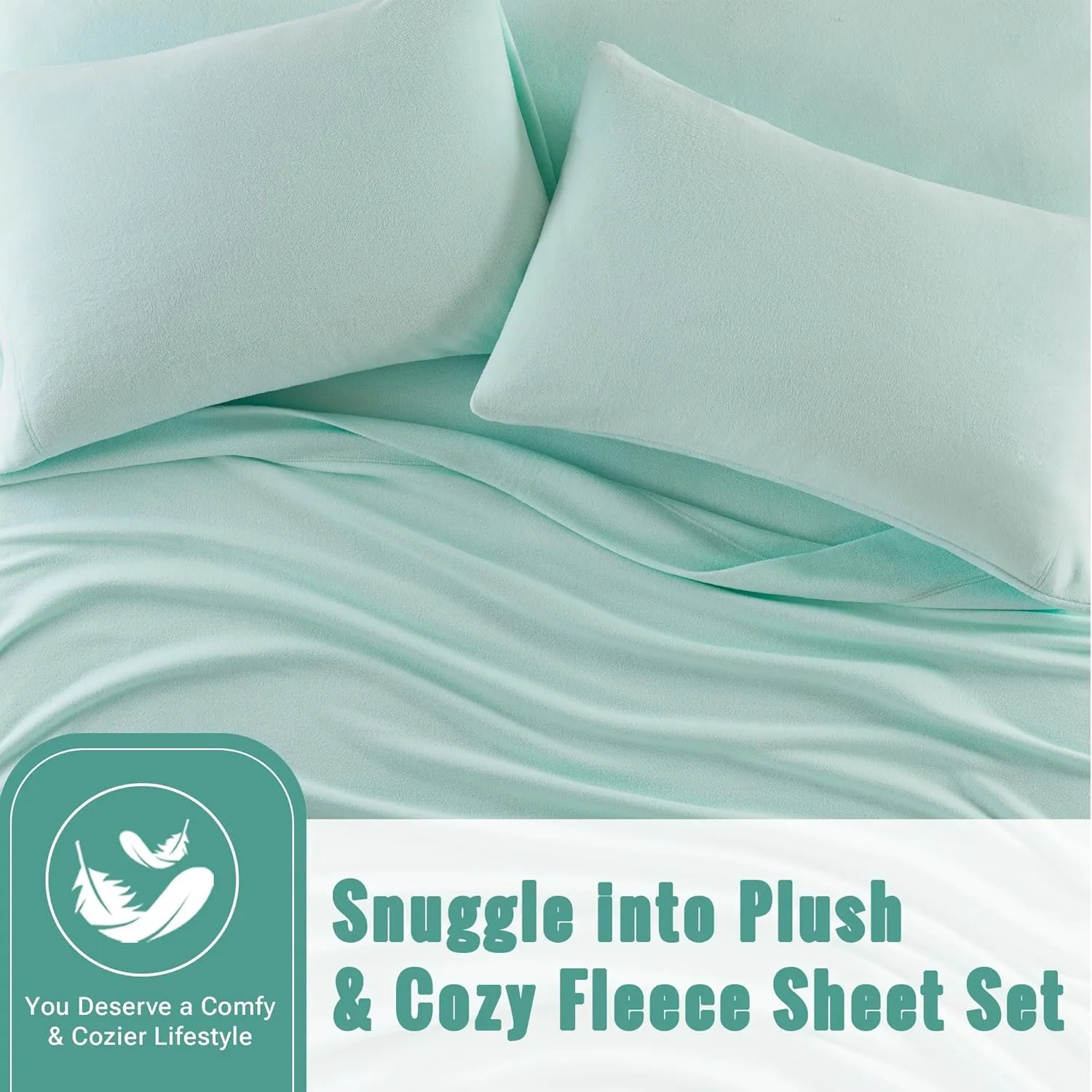 True North by Sleep Philosophy Fleece Sheet Set Queen, Solid Color, Warm & Plush Sheets Soft Fleece Bedding Set, Queen Size Sheets, Fitted Pocket Fits Up to 16" Mattress, Queen Aqua 4 Piece