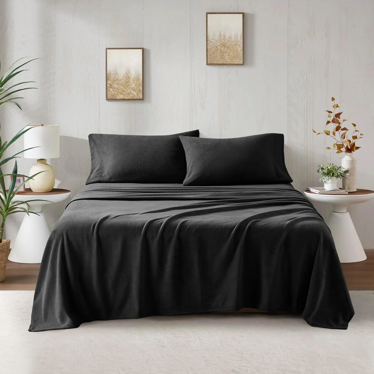 True North by Sleep Philosophy Micro Fleece Bed Sheet Set, Warm, Sheets with 14" Deep Pocket, for Cold Season Cozy Sheet-Set, Matching Pillow Case, Queen, Black, 4 Piece