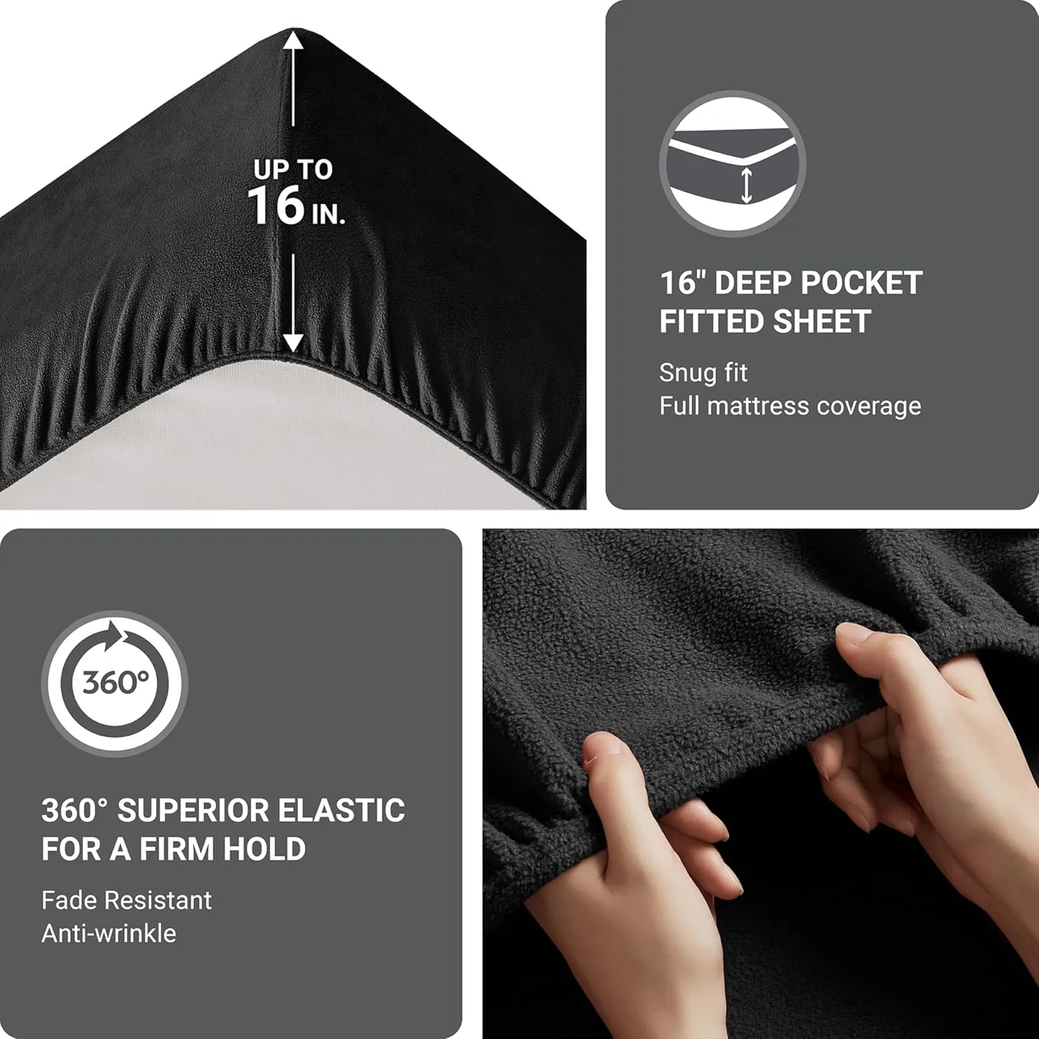 True North by Sleep Philosophy Micro Fleece Bed Sheet Set, Warm, Sheets with 14" Deep Pocket, for Cold Season Cozy Sheet-Set, Matching Pillow Case, Queen, Black, 4 Piece