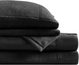 True North by Sleep Philosophy Micro Fleece Bed Sheet Set, Warm, Sheets with 14" Deep Pocket, for Cold Season Cozy Sheet-Set, Matching Pillow Case, Queen, Black, 4 Piece