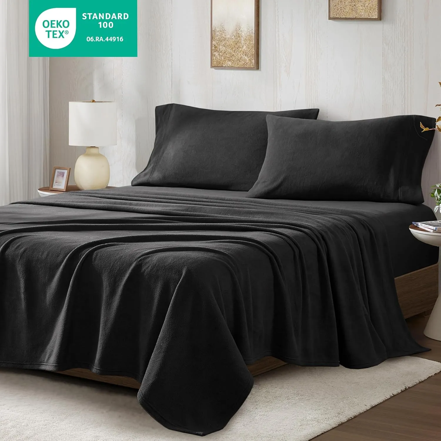 True North by Sleep Philosophy Micro Fleece Bed Sheet Set, Warm, Sheets with 14" Deep Pocket, for Cold Season Cozy Sheet-Set, Matching Pillow Case, Queen, Black, 4 Piece