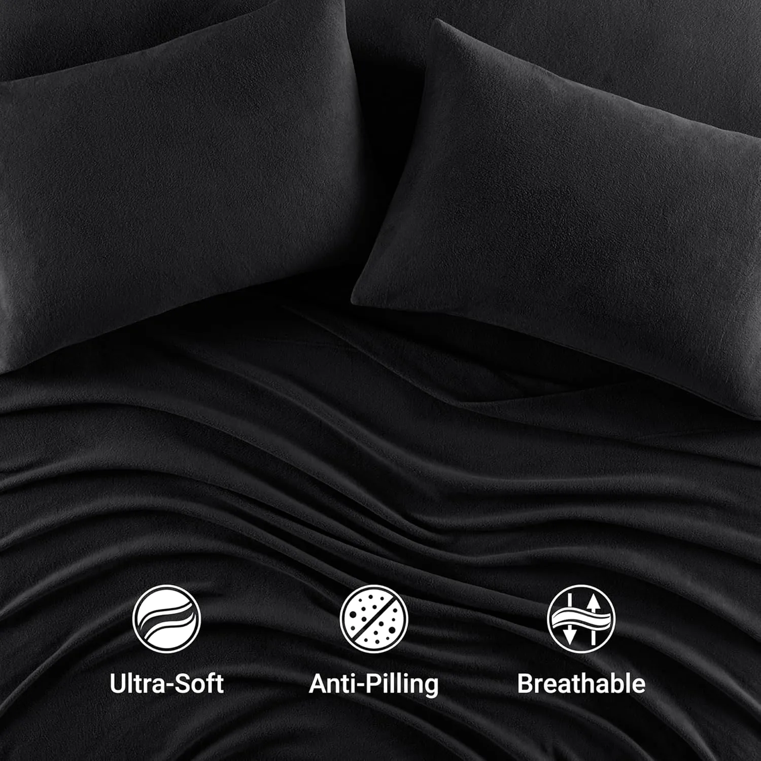 True North by Sleep Philosophy Micro Fleece Bed Sheet Set, Warm, Sheets with 14" Deep Pocket, for Cold Season Cozy Sheet-Set, Matching Pillow Case, Queen, Black, 4 Piece