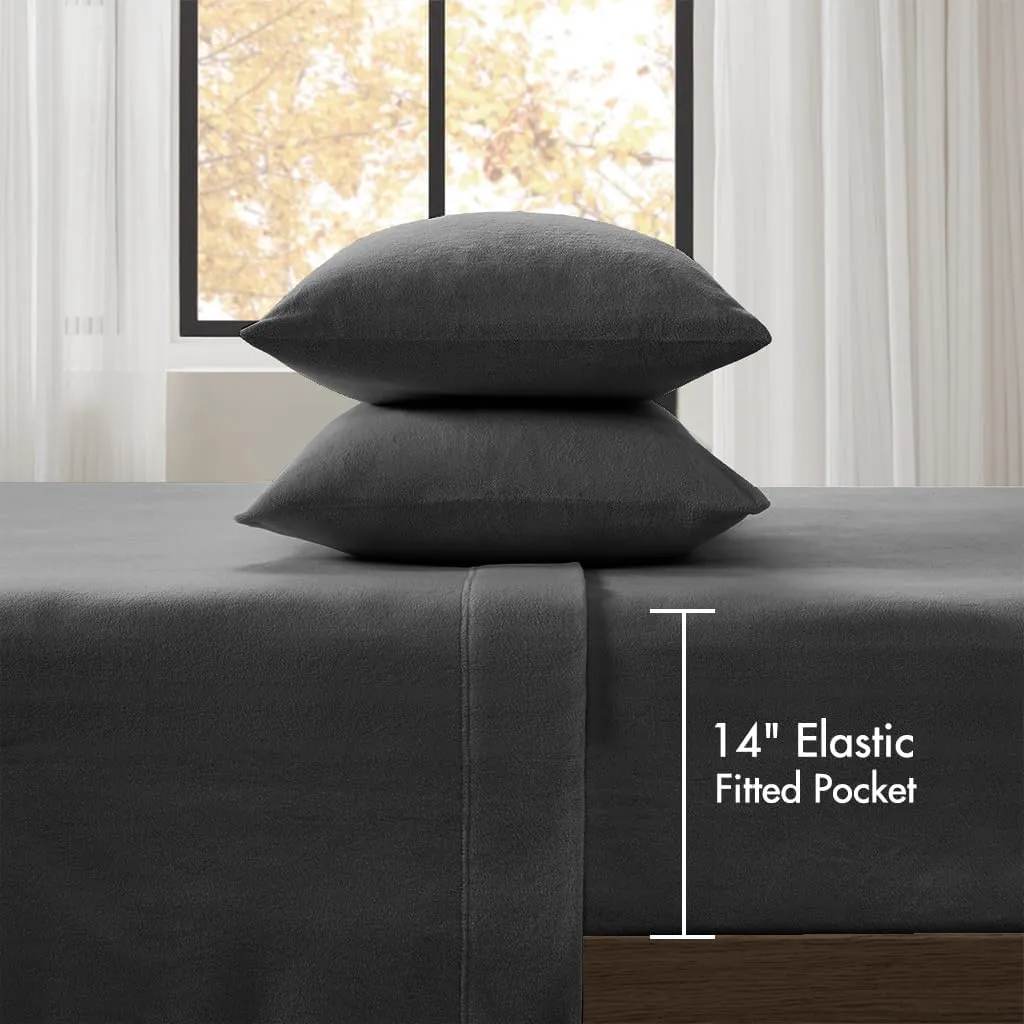 True North by Sleep Philosophy Micro Fleece Bed Sheet Set, Warm, Sheets with 14" Deep Pocket, for Cold Season Cozy Sheet-Set, Matching Pillow Case, Queen, Black, 4 Piece