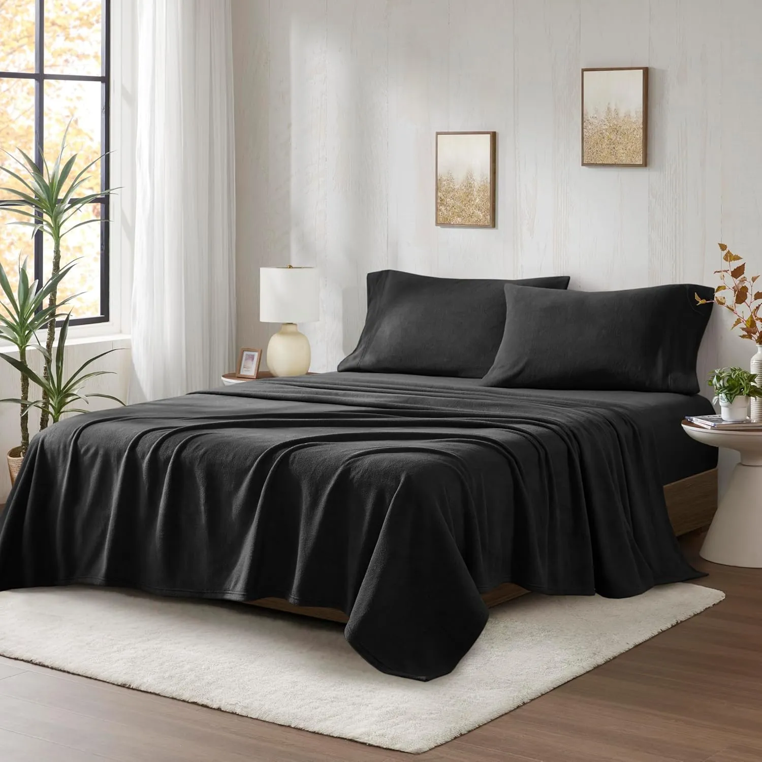 True North by Sleep Philosophy Micro Fleece Bed Sheet Set, Warm, Sheets with 14" Deep Pocket, for Cold Season Cozy Sheet-Set, Matching Pillow Case, Queen, Black, 4 Piece
