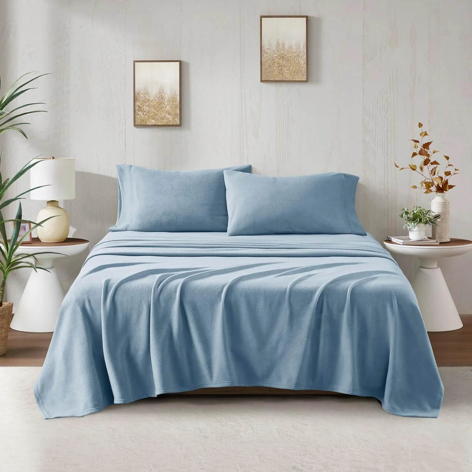 True North by Sleep Philosophy Micro Fleece Bed Sheet Set, Warm, Sheets with 14" Deep Pocket, for Cold Season Cozy Sheet-Set, Matching Pillow Case, Queen, Blue, 4 Piece
