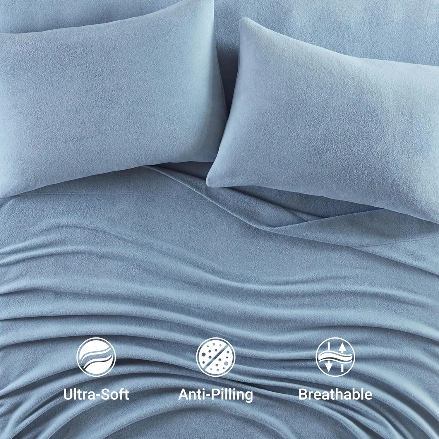 True North by Sleep Philosophy Micro Fleece Bed Sheet Set, Warm, Sheets with 14" Deep Pocket, for Cold Season Cozy Sheet-Set, Matching Pillow Case, Queen, Blue, 4 Piece