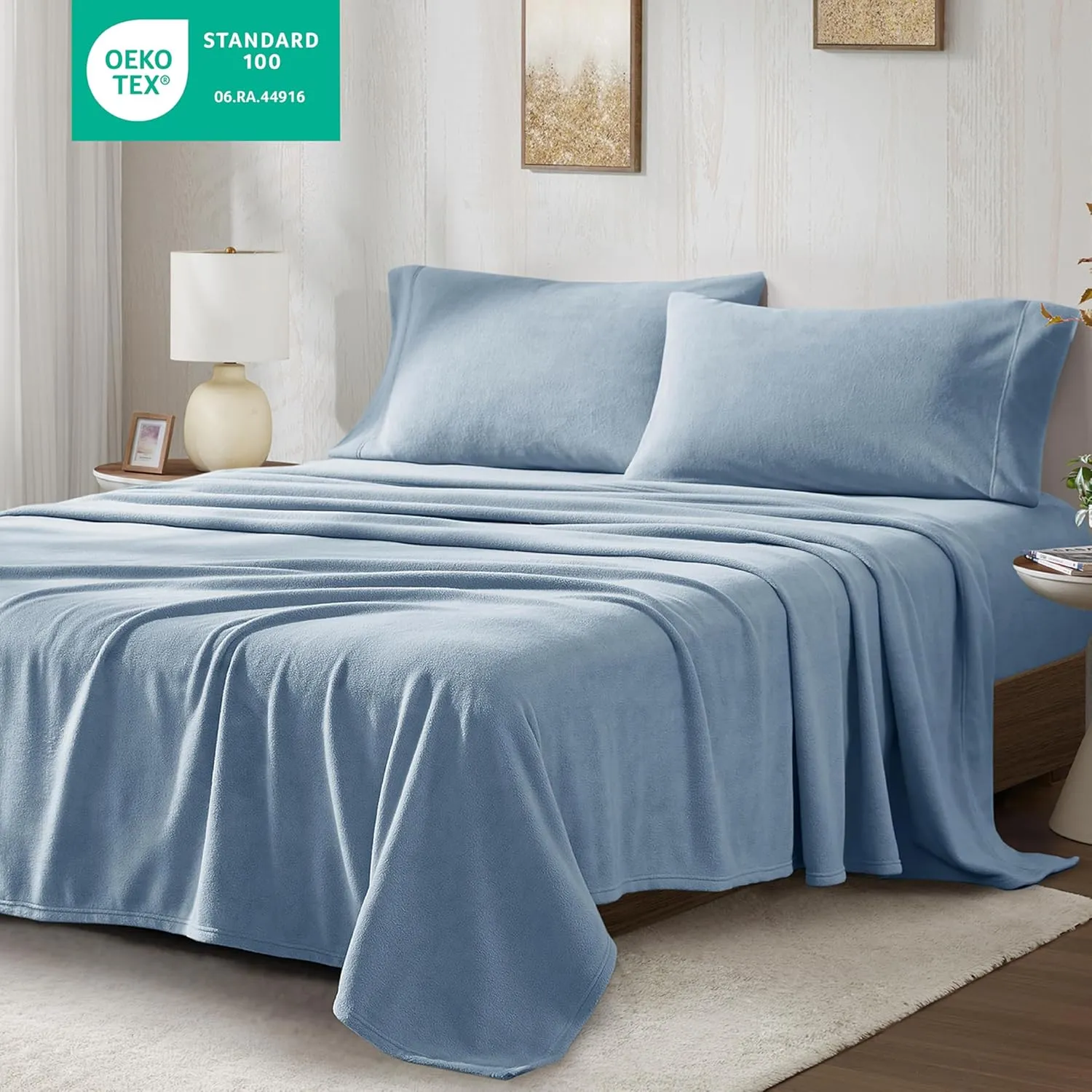 True North by Sleep Philosophy Micro Fleece Bed Sheet Set, Warm, Sheets with 14" Deep Pocket, for Cold Season Cozy Sheet-Set, Matching Pillow Case, Queen, Blue, 4 Piece