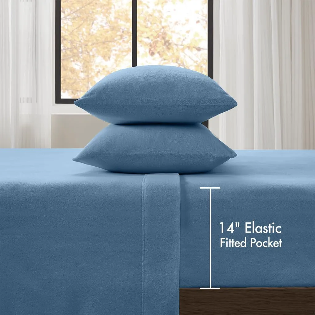 True North by Sleep Philosophy Micro Fleece Bed Sheet Set, Warm, Sheets with 14" Deep Pocket, for Cold Season Cozy Sheet-Set, Matching Pillow Case, Queen, Blue, 4 Piece