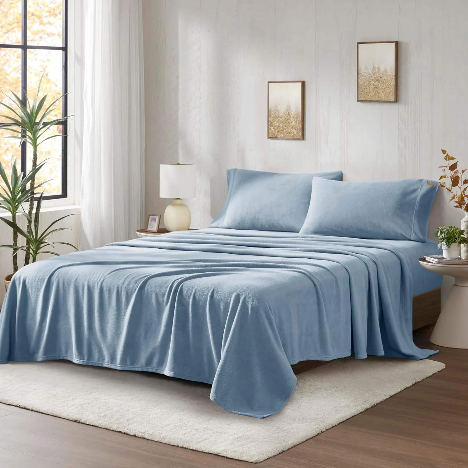 True North by Sleep Philosophy Micro Fleece Bed Sheet Set, Warm, Sheets with 14" Deep Pocket, for Cold Season Cozy Sheet-Set, Matching Pillow Case, Queen, Blue, 4 Piece