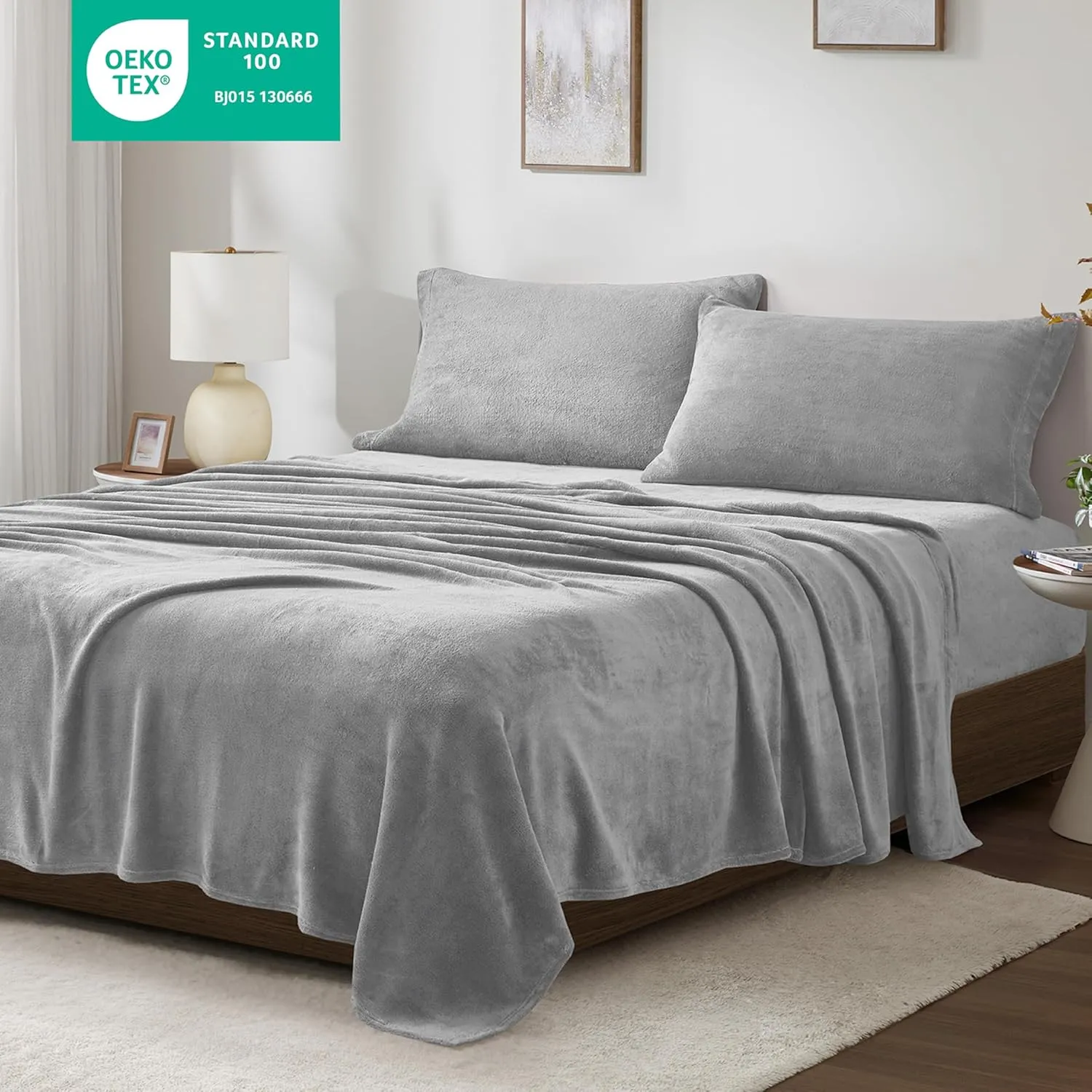 True North by Sleep Philosophy Plush Sheet Set King, Solid Color, Warm & Soft Bedding King Size Sheets, Fitted Pocket Fits Up to 16" Mattress, Soloft, King, Grey, 4 Piece
