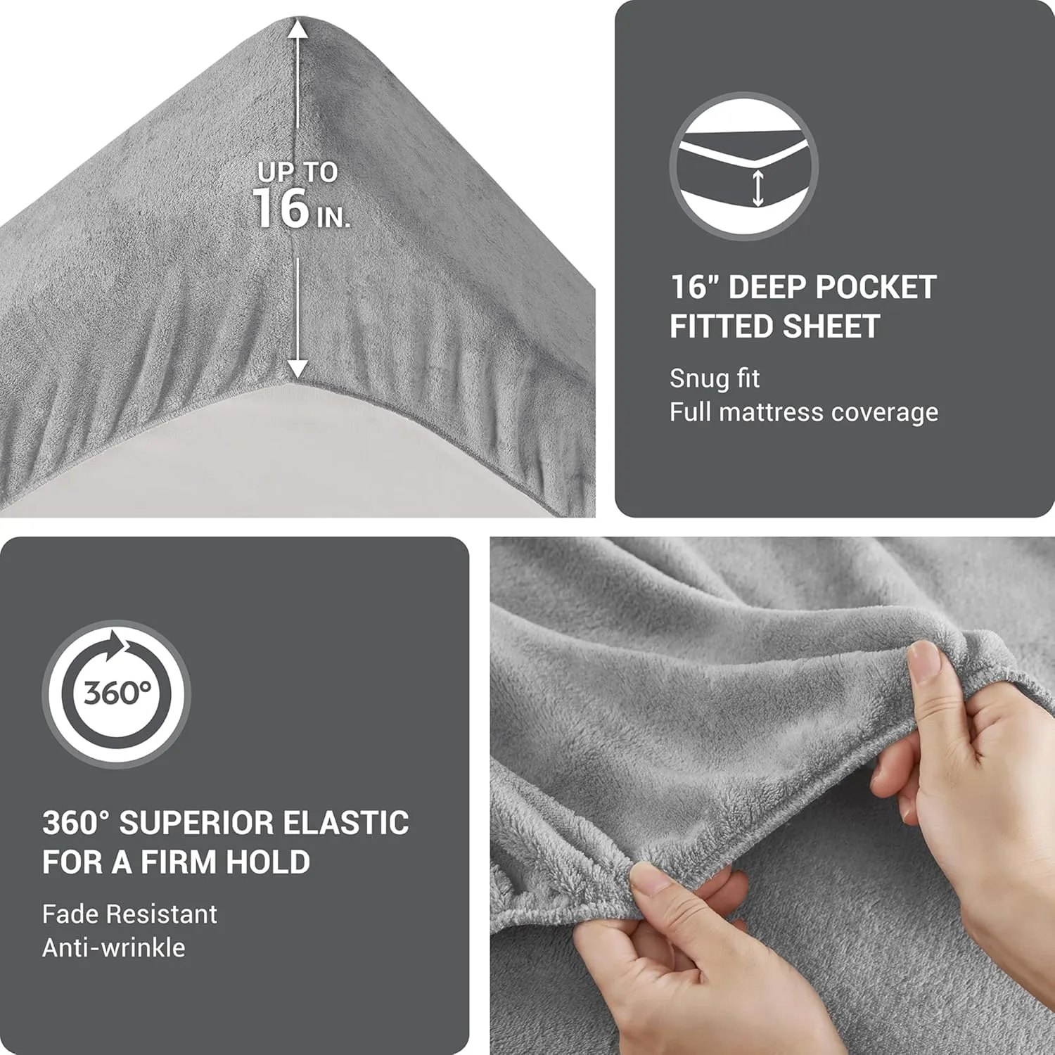 True North by Sleep Philosophy Plush Sheet Set King, Solid Color, Warm & Soft Bedding King Size Sheets, Fitted Pocket Fits Up to 16" Mattress, Soloft, King, Grey, 4 Piece