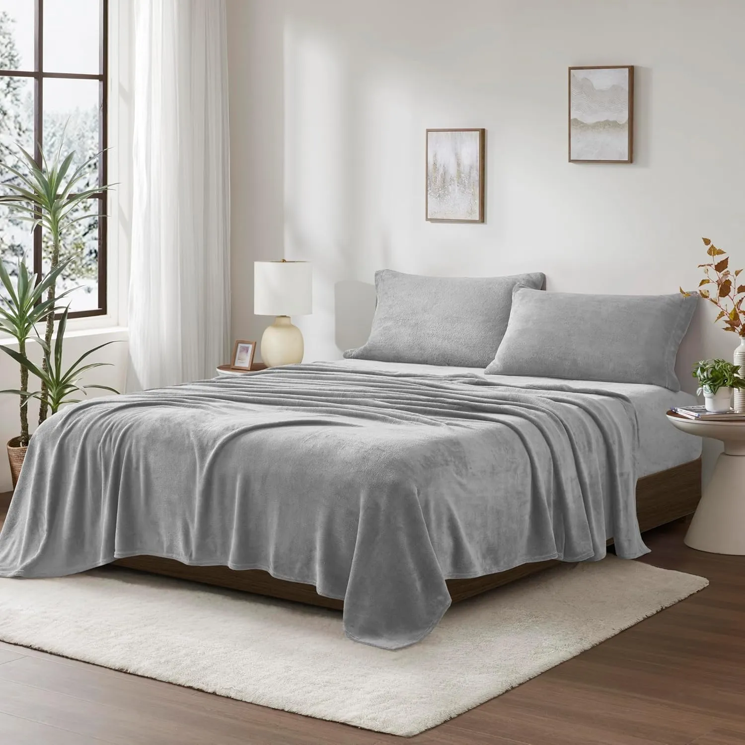 True North by Sleep Philosophy Plush Sheet Set King, Solid Color, Warm & Soft Bedding King Size Sheets, Fitted Pocket Fits Up to 16" Mattress, Soloft, King, Grey, 4 Piece