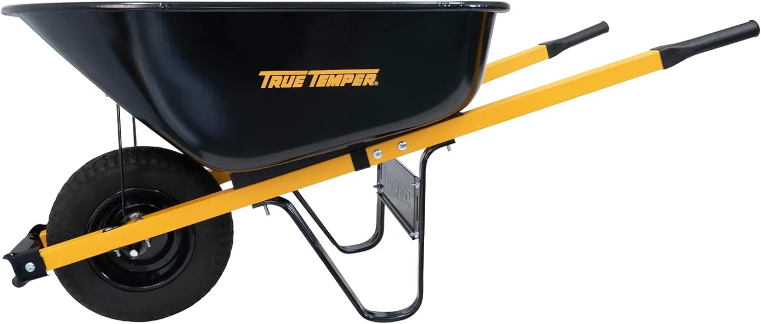 True Temper R6STFFEC 6 Cu. Ft Steel Tray Wheelbarrow with Never Flat Tire & Steel Handles, Black