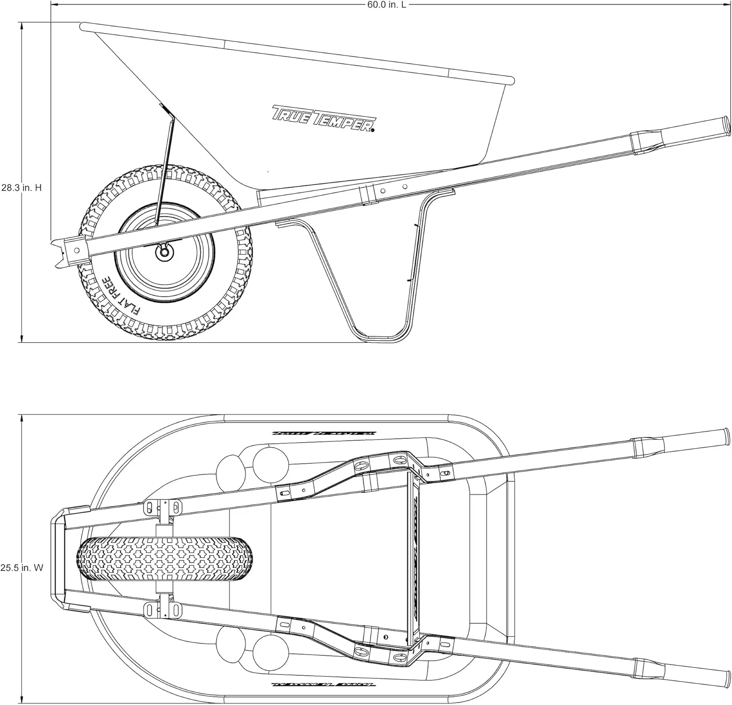 True Temper R6STFFEC 6 Cu. Ft Steel Tray Wheelbarrow with Never Flat Tire & Steel Handles, Black
