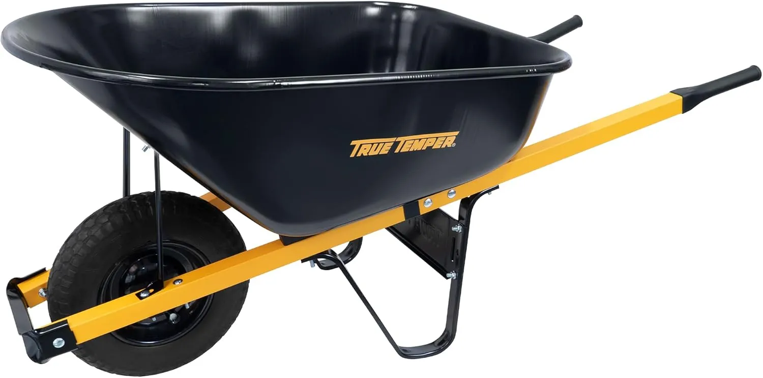 True Temper R6STFFEC 6 Cu. Ft Steel Tray Wheelbarrow with Never Flat Tire & Steel Handles, Black