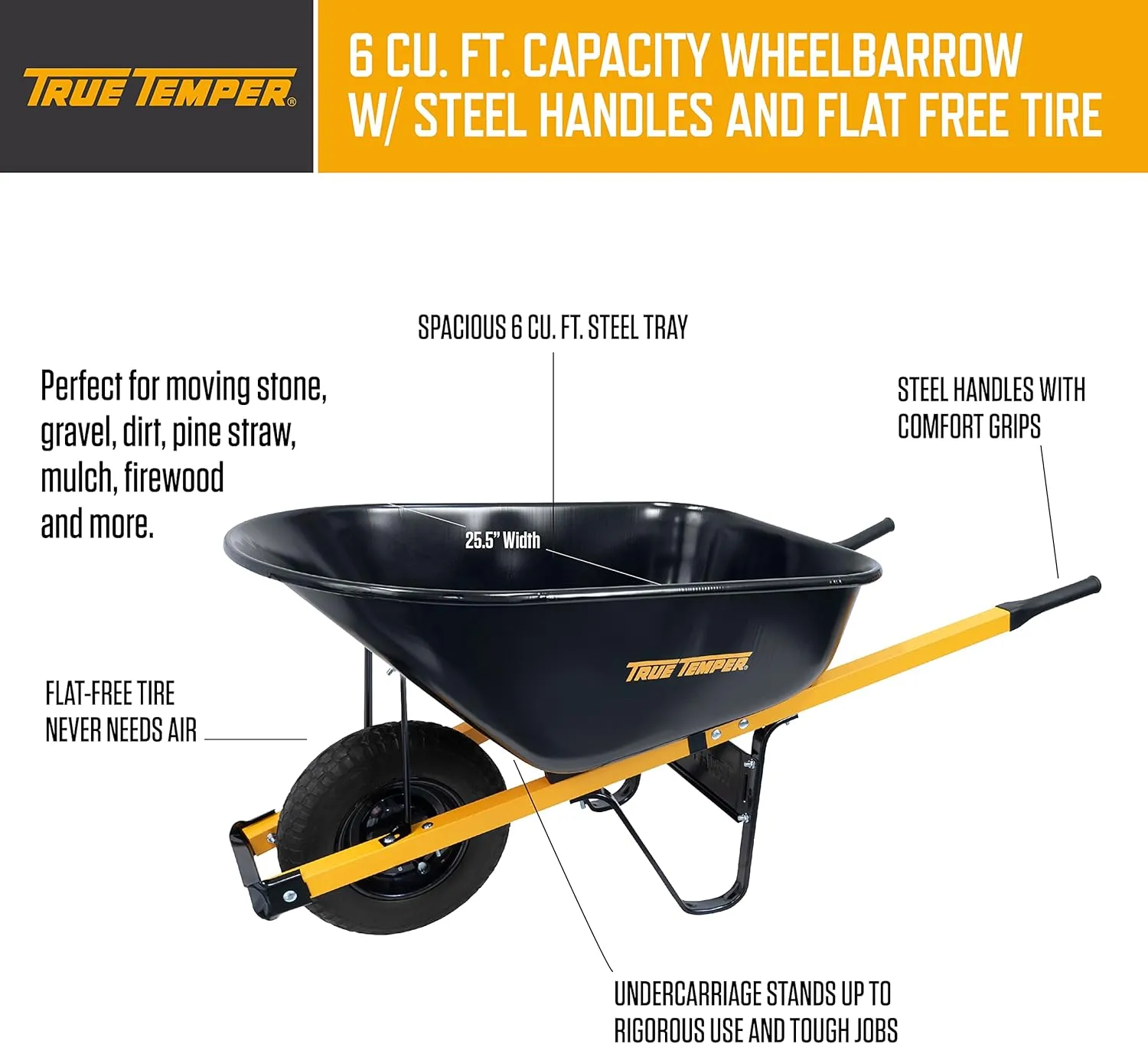 True Temper R6STFFEC 6 Cu. Ft Steel Tray Wheelbarrow with Never Flat Tire & Steel Handles, Black
