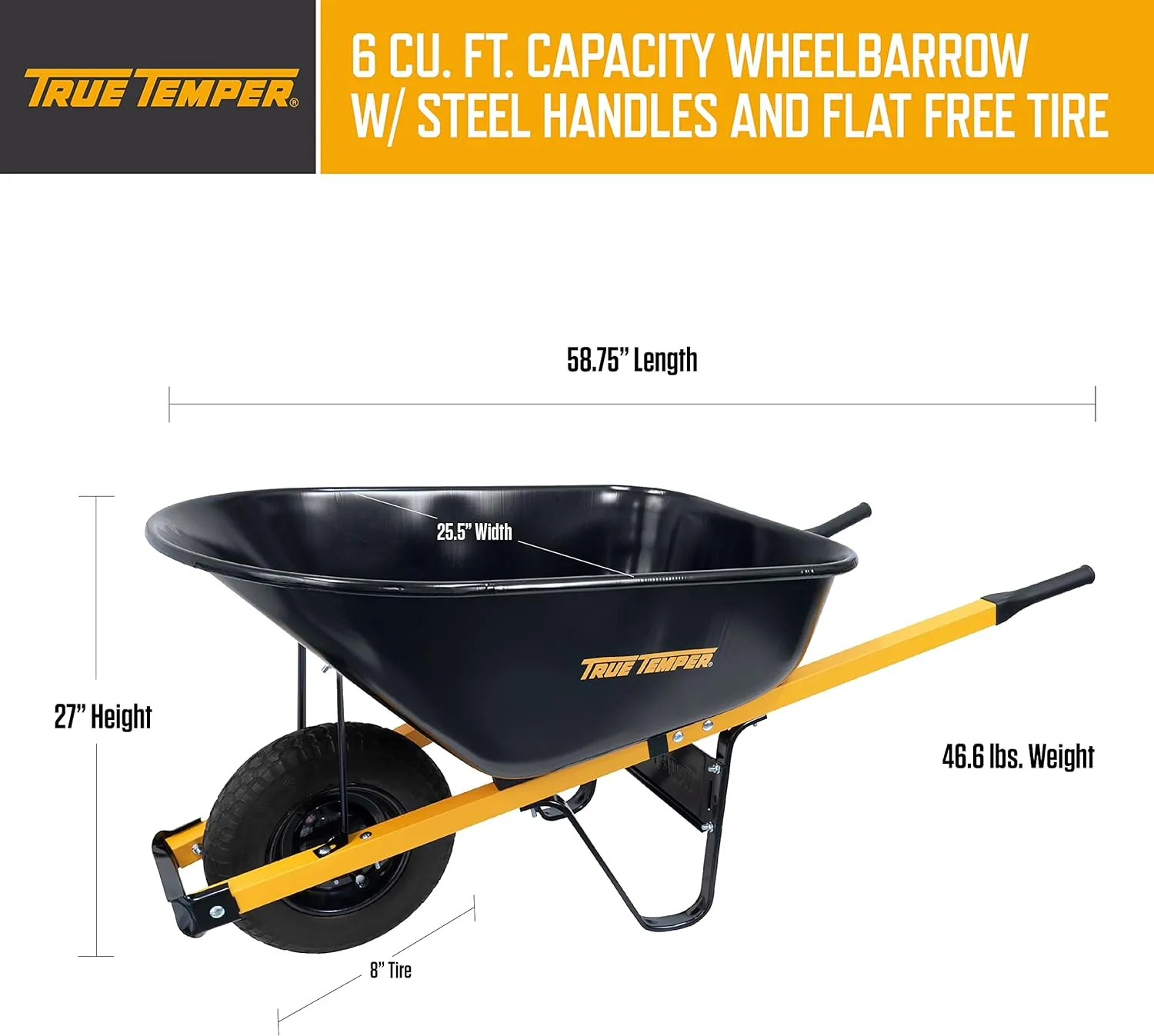 True Temper R6STFFEC 6 Cu. Ft Steel Tray Wheelbarrow with Never Flat Tire & Steel Handles, Black