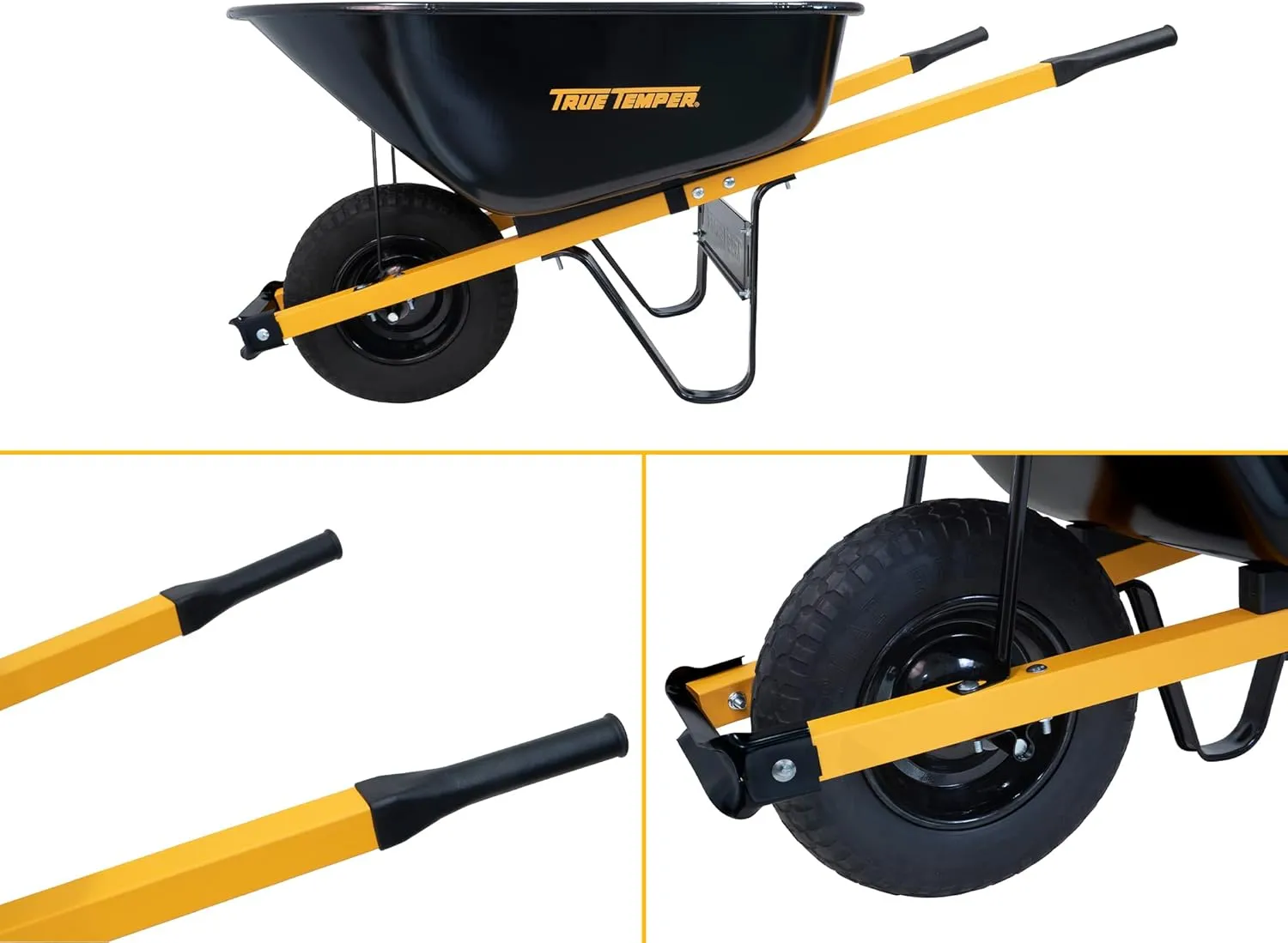 True Temper R6STFFEC 6 Cu. Ft Steel Tray Wheelbarrow with Never Flat Tire & Steel Handles, Black