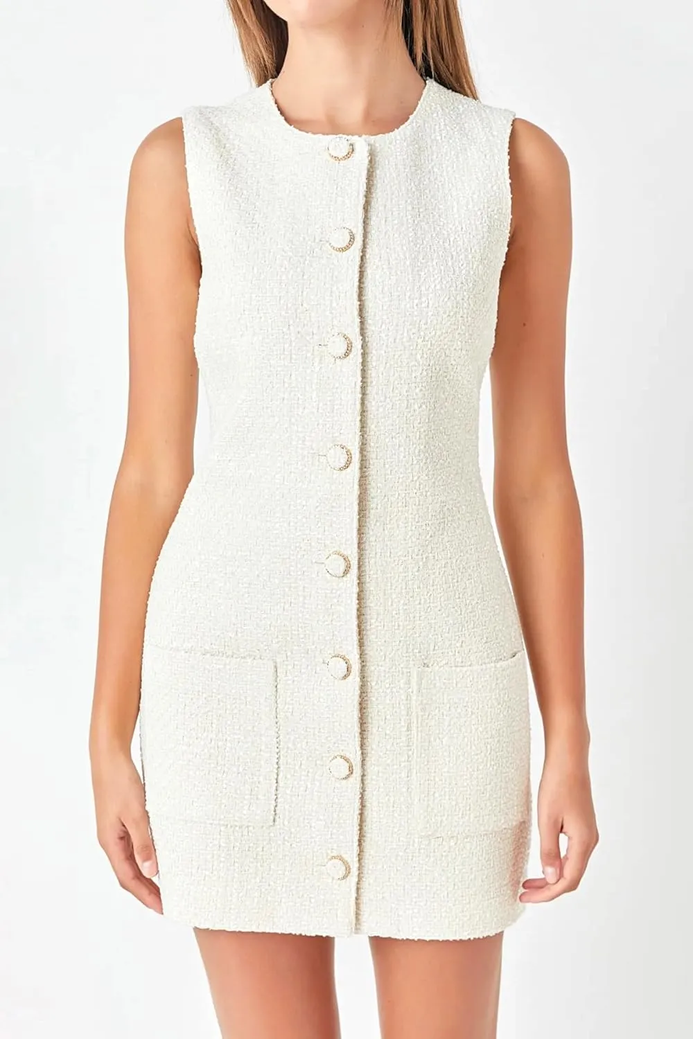 Tweed Dress Woman Sleeveless Bodycon Jackie O Dresses Crew Neck Elegant Button Down Mini Dress
