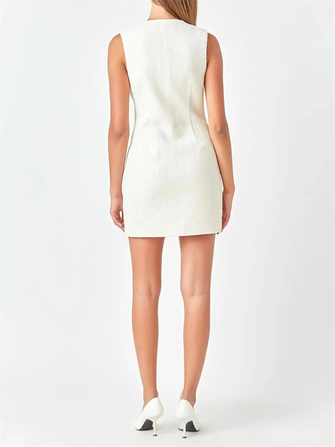Tweed Dress Woman Sleeveless Bodycon Jackie O Dresses Crew Neck Elegant Button Down Mini Dress