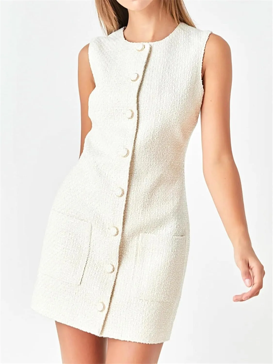 Tweed Dress Woman Sleeveless Bodycon Jackie O Dresses Crew Neck Elegant Button Down Mini Dress