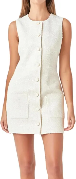 Tweed Dress Woman Sleeveless Bodycon Jackie O Dresses Crew Neck Elegant Button Down Mini Dress