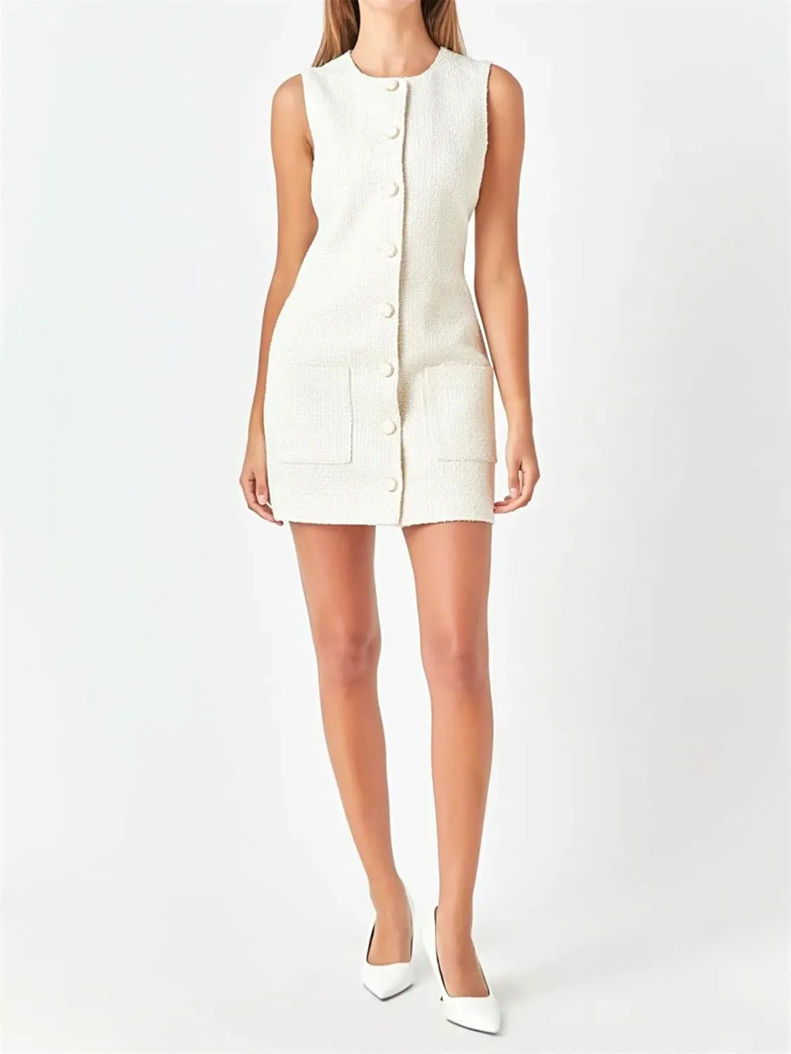 Tweed Dress Woman Sleeveless Bodycon Jackie O Dresses Crew Neck Elegant Button Down Mini Dress