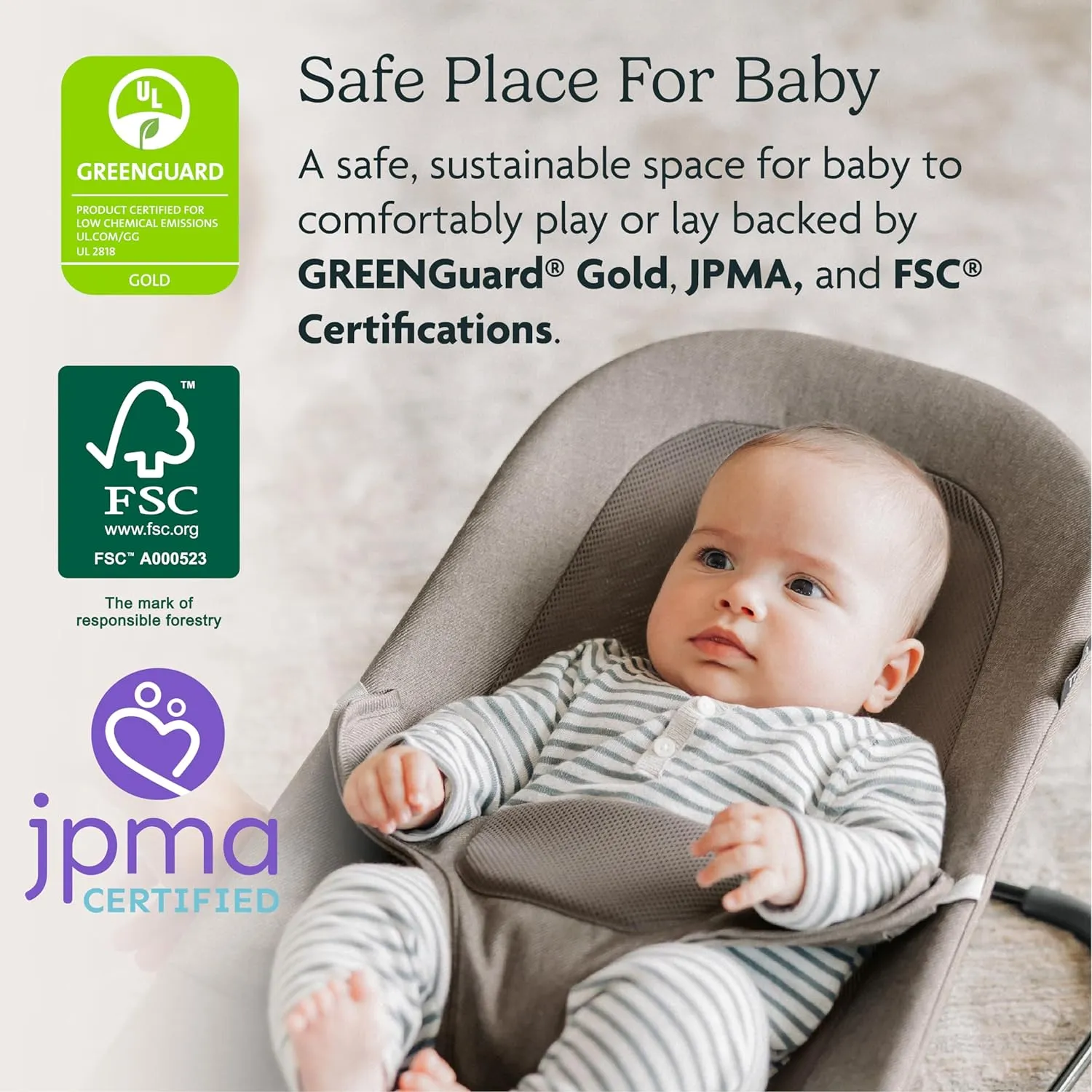 UPPAbaby Mira Bouncer/Portable 2-in-1 Bouncer   Seat Grows With Your Baby/GREENGuard® Gold, JPMA   FSC® certified/Cozy Seat Liner   Storage Bag Included/Charlie (Sand Mélange/Black Chrome/Walnut Wood)