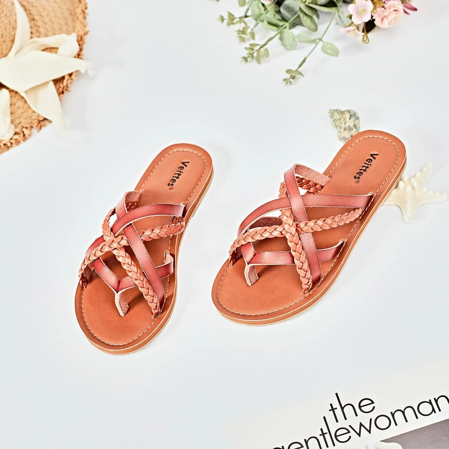 Veittes Women's Flat Sandals - Casual Cute Criss Cross Strappy Flat Summer Shoes.
