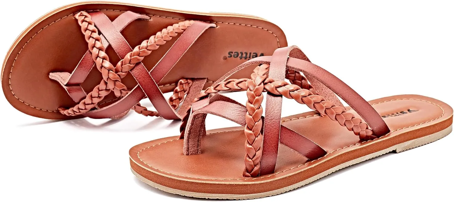 Veittes Women's Flat Sandals - Casual Cute Criss Cross Strappy Flat Summer Shoes.