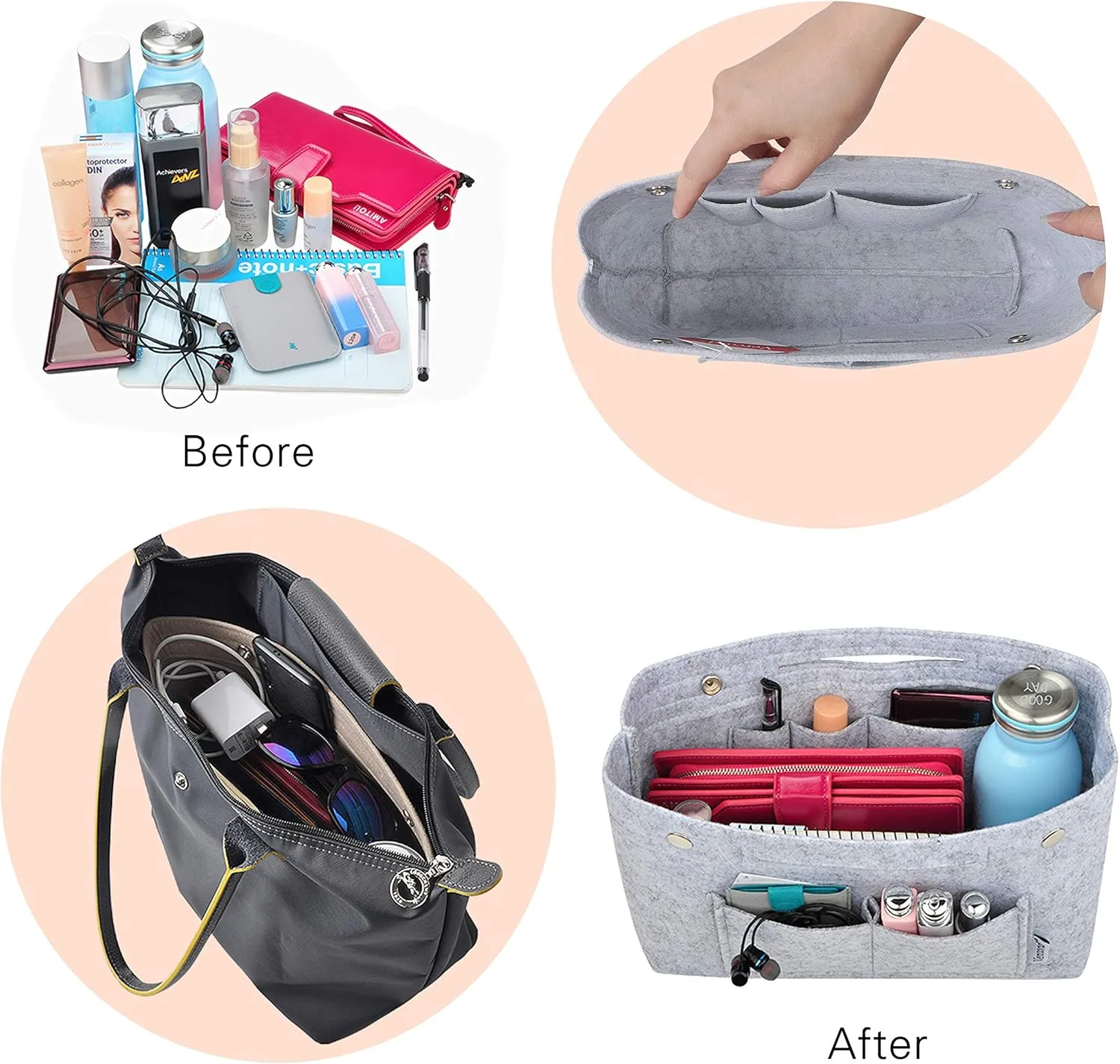 Vercord Felt Purse Tote Organizer Insert Divider Inside Handbag for Women Medium Light Grey