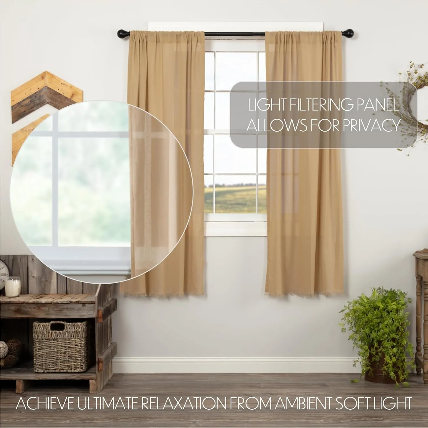 VHC Brands Khaki Curtain Short 63 inch Panel Fringed Set of 2 Primitive, Farmhouse Cotton Window Treatment for Living Room or Bedroom 63x36