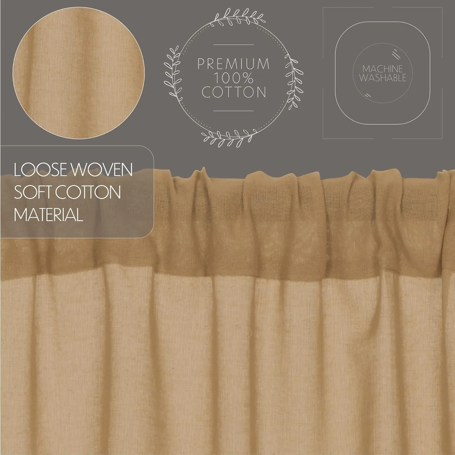 VHC Brands Khaki Curtain Short 63 inch Panel Fringed Set of 2 Primitive, Farmhouse Cotton Window Treatment for Living Room or Bedroom 63x36