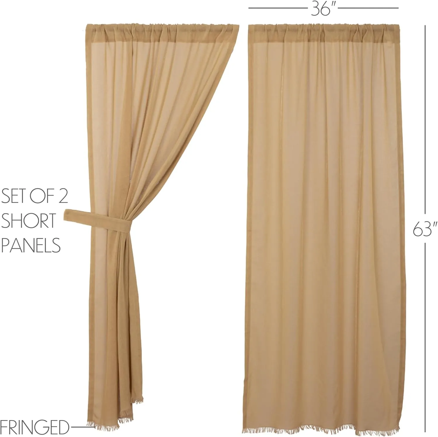 VHC Brands Khaki Curtain Short 63 inch Panel Fringed Set of 2 Primitive, Farmhouse Cotton Window Treatment for Living Room or Bedroom 63x36